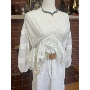 Free People Lace White Blouse Sheer Floral Neautral Boho